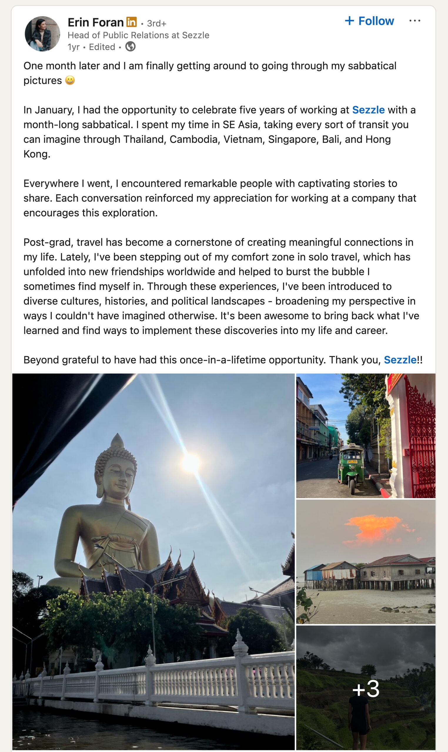 A linked in post from Erin Foran including images of her sabbattical in southeast Asia